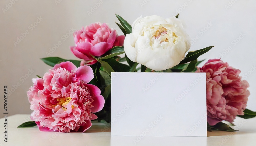 Mock up of blank white paper card and bouquet of peonies. Spring flowers.