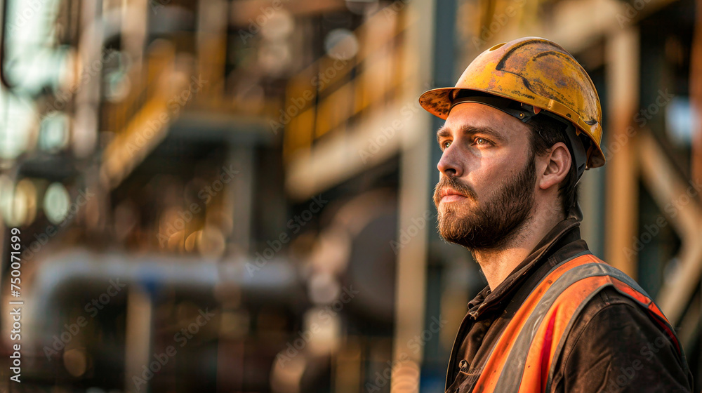A man in a yellow hard hat and orange vest stands in front of a building. He looks serious and focused A man in a yellow hard hat and orange vest stands in front of a building. He looks serious and focused