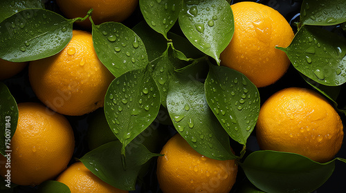 Background from fresh ripe oranges or tangerine with green leaves, top view