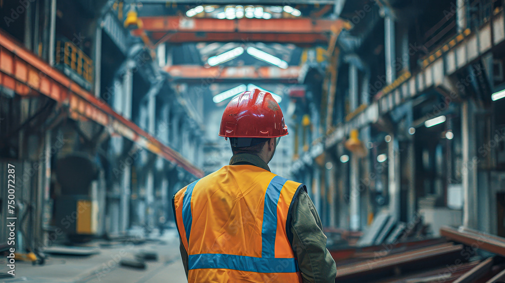 A man in a yellow vest and a red helmet walks through a large industrial building. The man is wearing a safety vest and a hard hat, which suggests that he is working in a hazardous environment A man in a yellow vest and a red helmet walks through a large industrial building. The man is wearing a safety vest and a hard hat, which suggests that he is working in a hazardous environment