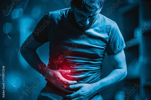 Appendicitis, appendix inflammation concept, medical depiction of a man in pain  photo