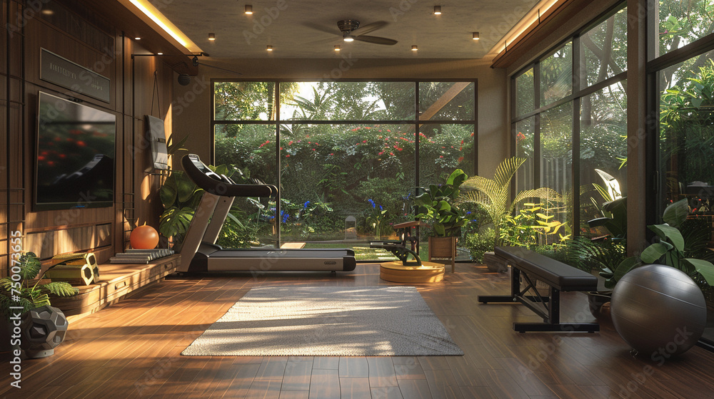 A gym with a treadmill, a weight bench, a yoga mat, and a TV.