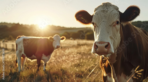 Two cows are standing in a field with the sun shining on them. One cow is brown and white, while the other is brown. The cows are looking at the camera, and the scene has a peaceful and serene mood