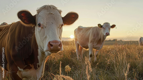 Two cows standing in a field with the sun setting behind them. The cows are brown and white