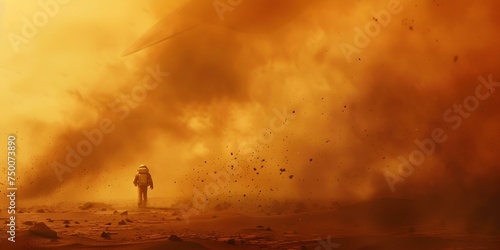 Exploration on Mars Astronaut navigating base with swirling dust storm and satellite. Concept Exploration on Mars, Astronaut, Navigating Base, Swirling Dust Storm, Satellite photo