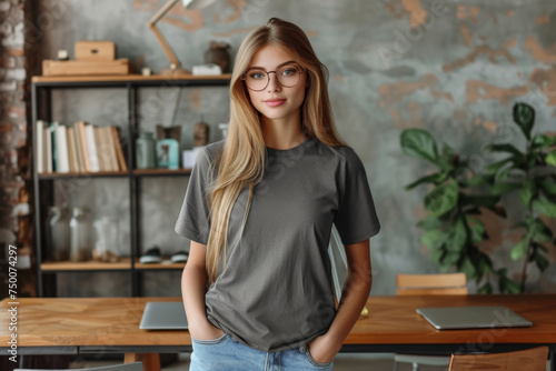 A girl in glasses and a gray T-shirt stands in the interior of the office