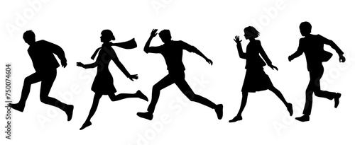 Vector silhouettes of men, and women, a group of runnning business people, profile, black color isolated on white background