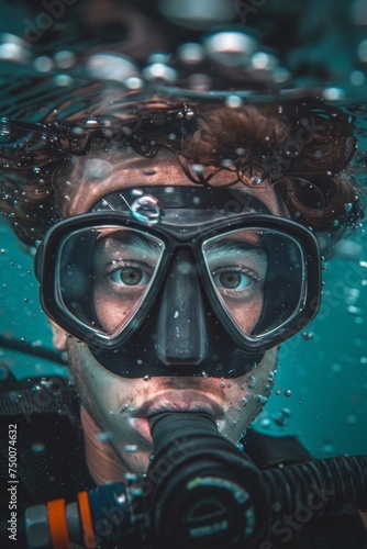 Closeup of a young man diving in the ocean