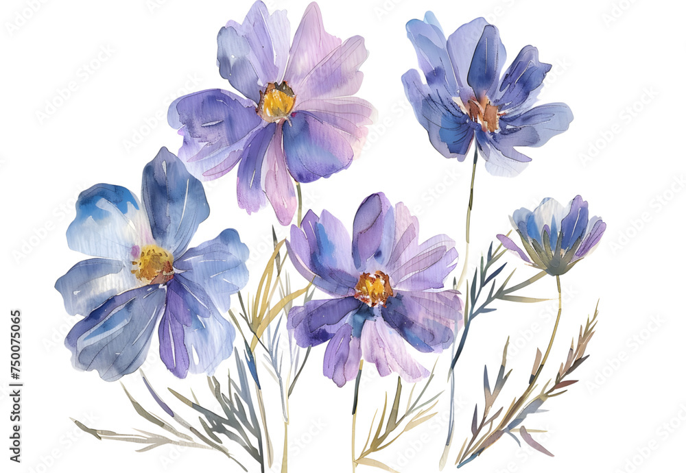  watercolor Cosmos isolated on transparent background. PNG file