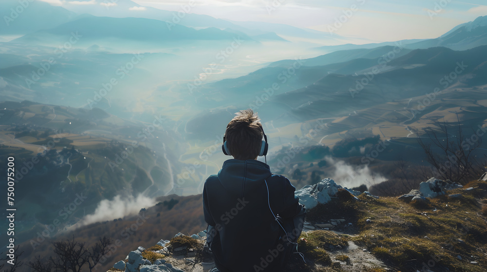 An aerial shot of a lonely boy sitting at the edge of a mountain, overlooking a scenic valley, immersed in solitude with his headphones


