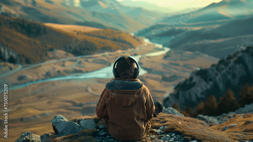 An aerial shot of a lonely boy sitting at the edge of a mountain, overlooking a scenic valley, immersed in solitude with his headphones