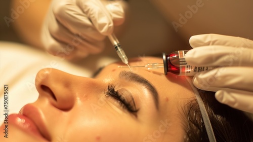 A woman is receiving botulage treatment from a doctor in a clinic. The doctor is administering injections to rejuvenate and revitalize the womans skin.