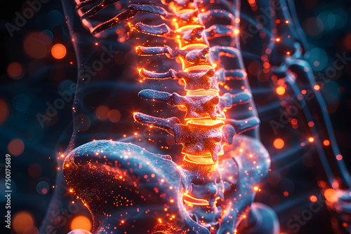 Fiery sparks highlight a human spinal structure in a dynamic medical illustration
