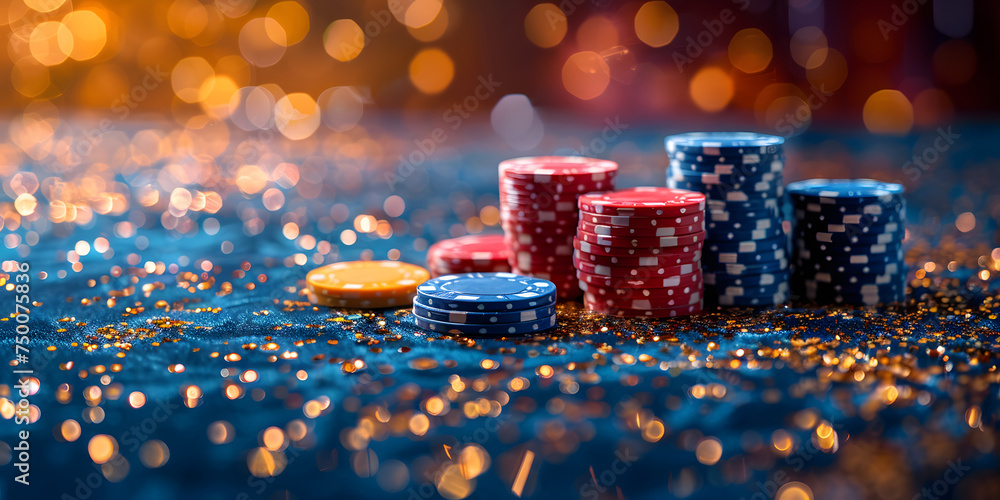 Gleaming poker chips stack up in a vibrant game night atmosphere Gleaming poker chips stack up in a vibrant game night atmosphere