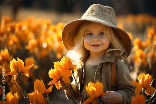 Cheerful young girl holding a bouquet of tulips in a beautiful spring field, enjoying nature