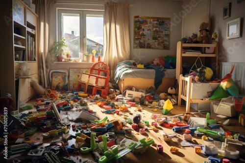 The joyous chaos of a child's room filled with an array of toys, from action figures to building blocks. photo