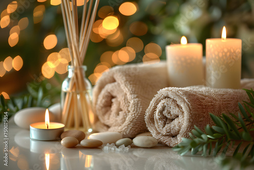 An inviting spa setting with soft towels, stones, and flickering candles suggests serenity