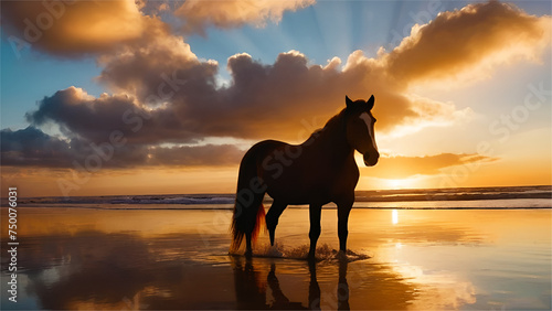 A brown horse standing on sunset near the sandy beach