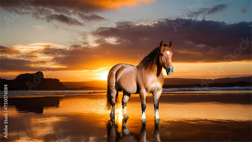 A brown horse standing on sunset  near the sandy beach © xumbul