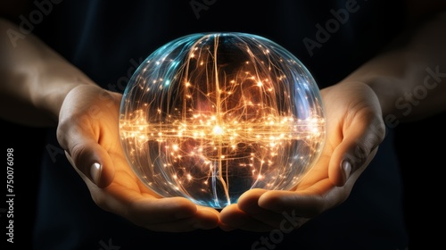 Balancing technology and humanity in ethical ai development. human hands holding glowing orb