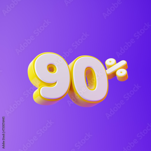 White ninety percent or 90 % with yellow outline isolated over purple background. 3D rendering.