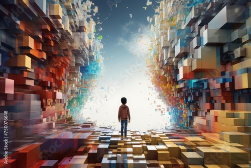 A child stepping into a pixelated world made of colorful building blocks. A playful and dynamic energy to the scene, showcasing the limitless possibilities of creativity within a virtual space.
