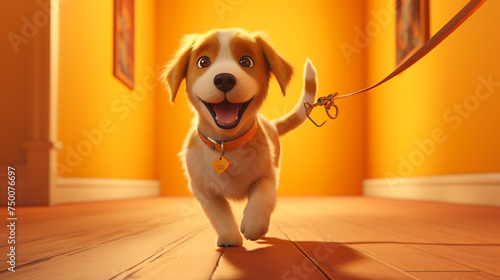 A cheerful canine, leash in bite, positioned against a warm orange background, projecting a sense of readiness for a delightful promenade.