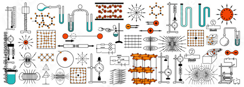 A collection of physics and chemistry diagrams. Atoms and molecules. Laboratory instruments, chemical fluids