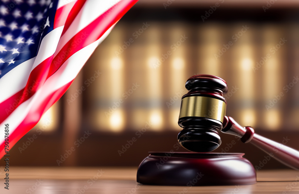 Trial in USA court. Mallet of judge in Courtroom of America. Justice in courthouse. Law and legal right. Lawyer in courtroom. Judges decide and punishment. Sale, Sold, auction. Violation, Judge hammer