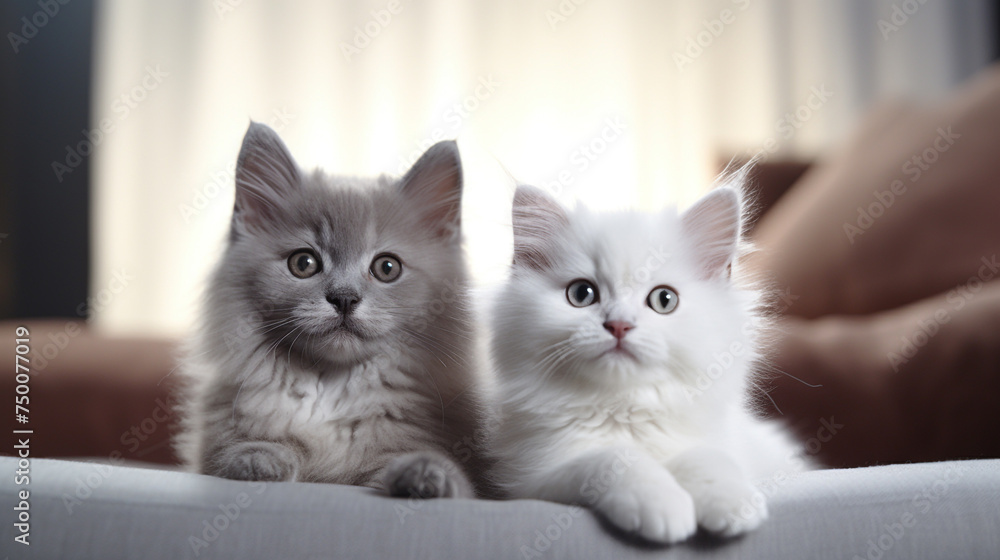 A cute, fluffy Pomsky pup and a serene British Shorthair kitty, sitting in harmony, eyes meeting the camera's lens, against a white canvas.