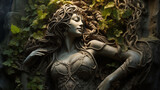 Nature's Embrace: Sculpted Stone Maiden Amidst Vines