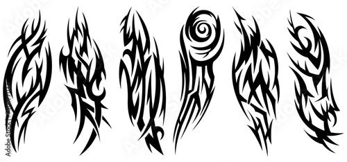 Tribal tattoo hand drawn. Silhouette illustration. Isolated abstract element set. 