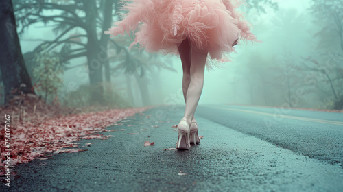 A woman in a pink dress is strolling along a road