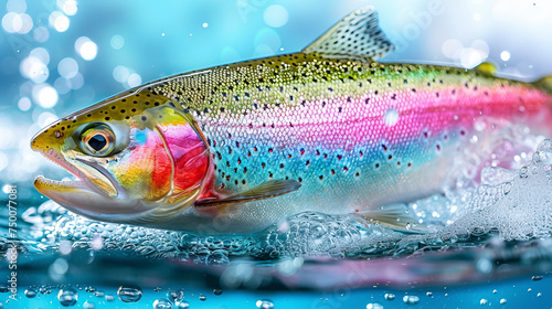 A rainbow colored trout  swimming in the water photo