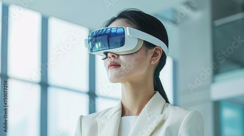 A woman wearing a white jacket and glasses is looking at a virtual reality headset. Concept of excitement and curiosity as the woman explores the virtual world