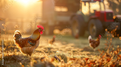A rooster is standing in a field next to a tractor. The tractor is red and is parked in the background. The scene is peaceful and serene, with the sun shining brightly in the sky