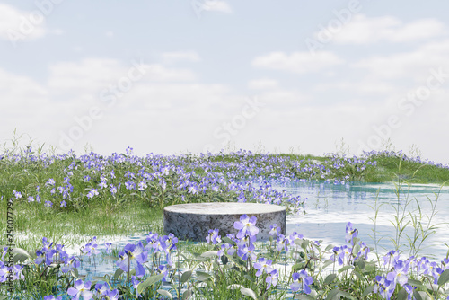 Abstact 3d render spring scene and Natural background, Stone podium on the flowers and grass field in the lake for product display, advertising, mockup, cosmetic or etc
