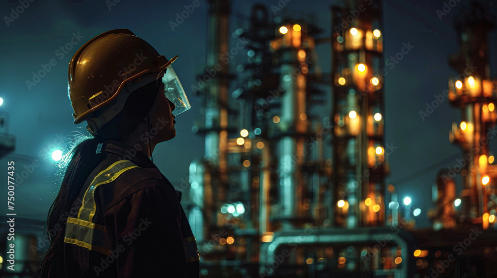 A woman in a yellow helmet stands in front of a large industrial plant. The plant is lit up at night, and the woman is looking up at it. Concept of awe and wonder at the sheer size