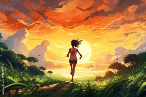 A woman engaged in run through nature. The rhythmic motion of her strides against a scenic backdrop of greenery and glowing morning sky embodying the joy and freedom of outdoor exercise. © DK_2020