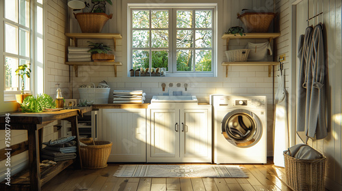 A laundry room with a washer, a dryer, a folding table, and a basket of clothes. photo