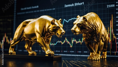 bull and bear financial infograhic stock market chart award in gold and black color with copyspace area as wide banner  photo