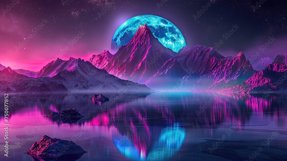 Neon light background with mountain and moon. Futuristic fantasy background