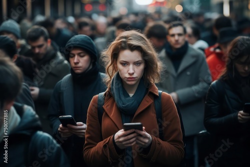 The psychological aspect of technology-induced isolation. A person amidst a crowd, yet emotionally detached due to excessive reliance on digital connectivity.