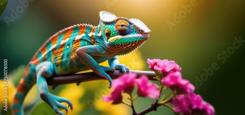 Realistic multicolored chameleon close-up, sitting on a tree branch, in the foreground branch with crimson flowers, variable focus. Concept of advertising banner, postcard. Copy space © Irina