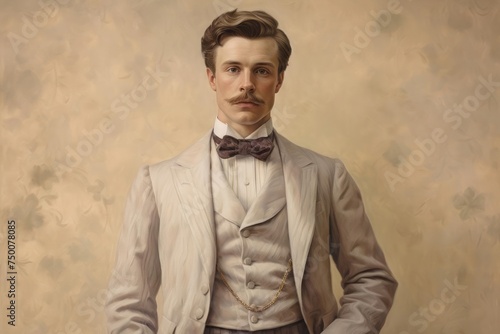 Sophisticated English gentleman in 19th century clothes on a pastel background photo