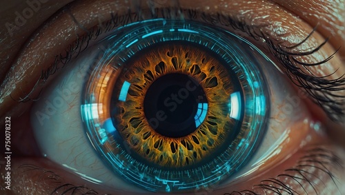closeup of a human eye with virtual hologram elements for surveillance and digital ID verification or Lasik vision laser correction as wide banner with copy space area