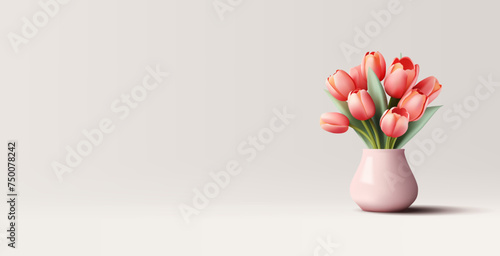Realistic illustration of flowers tulips bouquet in a vase, pink flowers in light pot, 3d composition