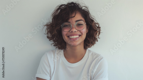 young woman with curly hair and glasses is smiling directly at the camera against a plain white background.