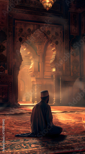 Man praying in a mosque stock photo