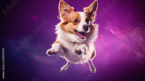 A high-speed capture of a dog performing an acrobatic leap, with a burst of purple color in the background, illustrating agility.